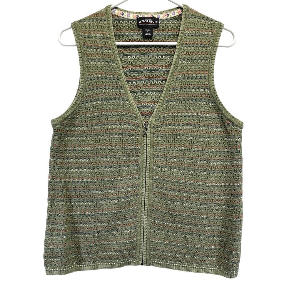 Woolrich Full Zip Activewear Knit Sweater Vest Green Ramie Cotton Blend L Gorp